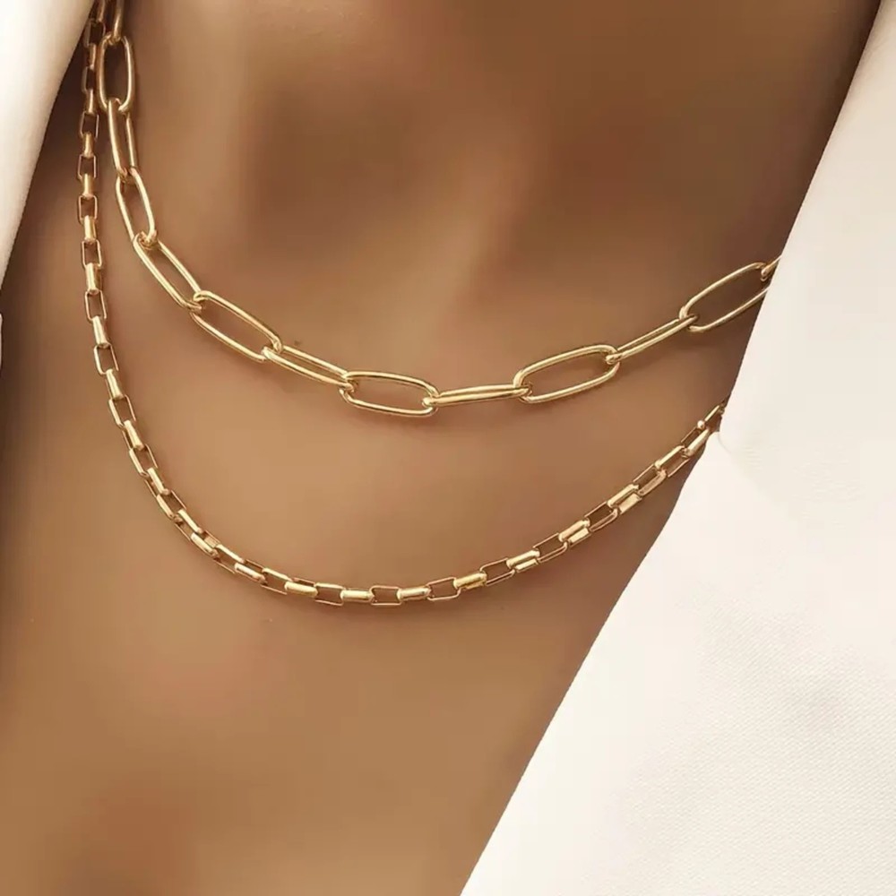 Women's Simple 2 Piece Adjustable Gold Chain Choker Necklace